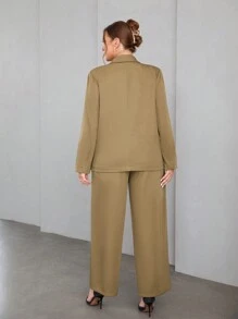SHEIN Essnce Plus Solid Blazer & Wide Leg Pants - Khaki - View 2