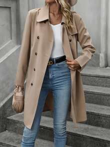 SHEIN Frenchy Double Breasted Belted Trench Coat - Khaki - View 5