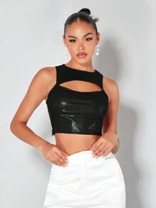 SHEIN BAE 前鏤空短款PU皮革背心上衣 - 黑色 - 查看 1
