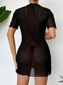 SHEIN Swim 女款黑色透明時尚罩衫 - 黑色 - 查看 2