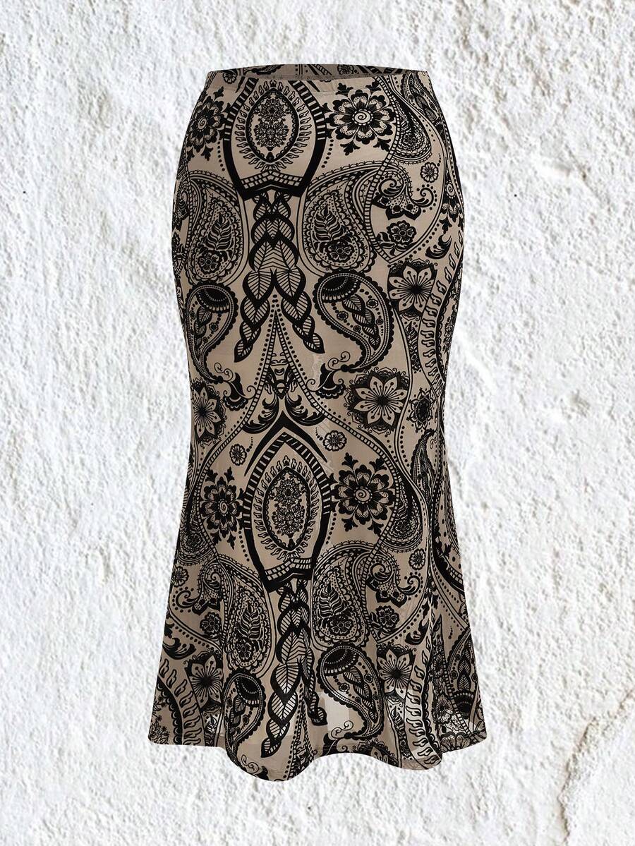 Flirla Hơn In hoa Paisley Nàng tiên cá Hem Lưới Váy - Nhiều màu - Xem 1