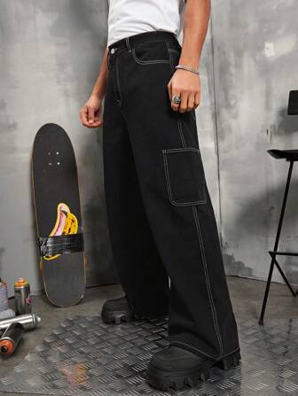 Manfinity Hypemode 男士宽松阔腿牛仔裤，带贴袋，长款宽松纯黑色洗水牛仔裤，适合丈夫、男朋友的礼物