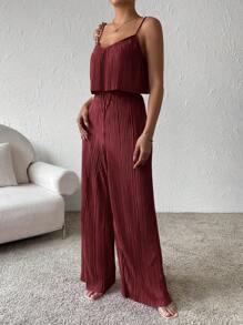 SHEIN Essnce Chất rắn Cami ngọn & Quần ống rộng - Màu Đỏ Sâu - Xem 4