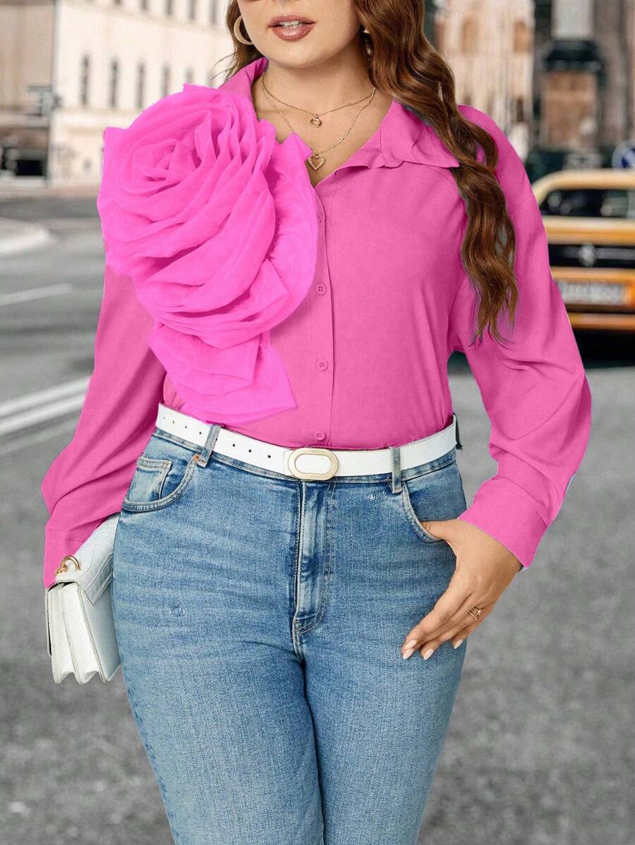 Celure Hơn Nói quá 3D Dán in hoa Nút phía trước Áo sơ mi - Màu Hồng Tươi - Xem 1