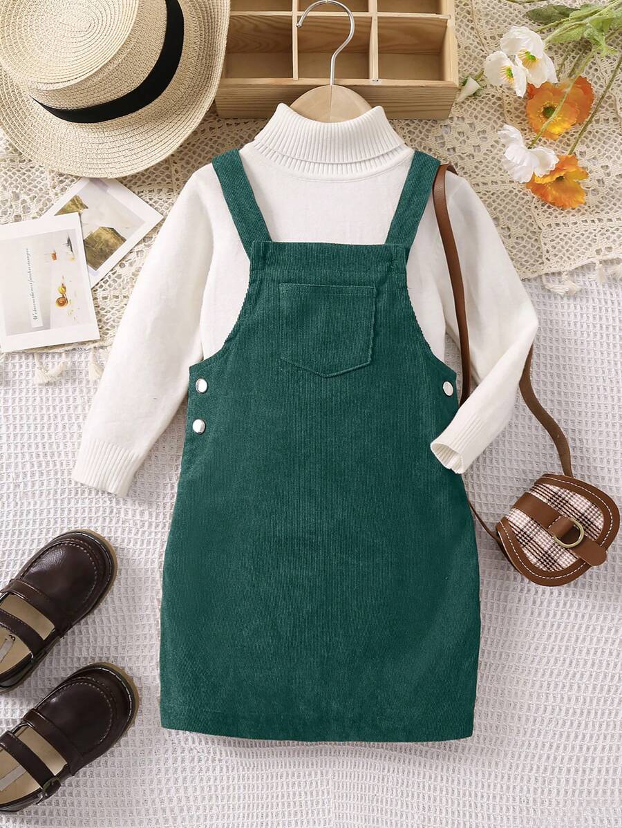 SHEIN Cô Gái Trẻ 1 Miếng Đã vá Túi Đầm Tổng thể - Màu xanh lá cây đậm - Xem 1