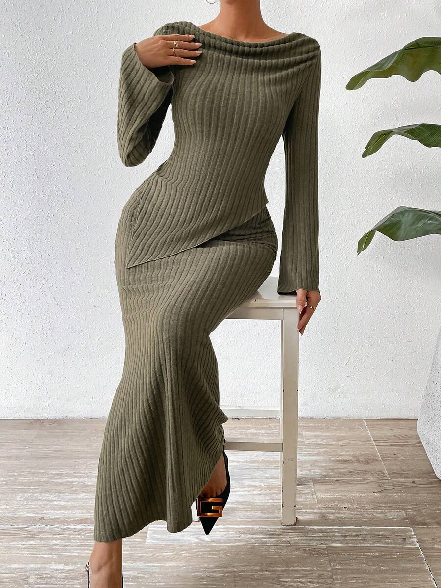 SHEIN Privé Cổ thuyền Tay áo kèn  Viền không đối xứng Áo thun & Váy - xanh quân đội - Xem 1