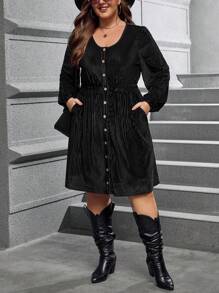 SHEIN LUNE Plus Size Hidden Pocket Single Breasted Dress - Black - View 1