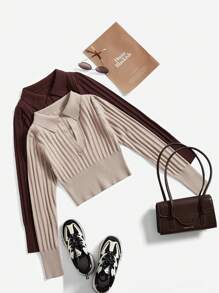 SHEIN BASICS 2pcs V-collar Solid Crop Sweater - Multicolor - View 6