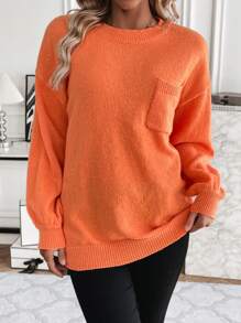 SHEIN LUNE 女性圓領落肩袖套頭毛衣 - 橘色 - 查看 1