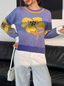 SHEIN Qutie 花卉圖案落肩袖套頭毛衣 - 紫色 - 查看 4