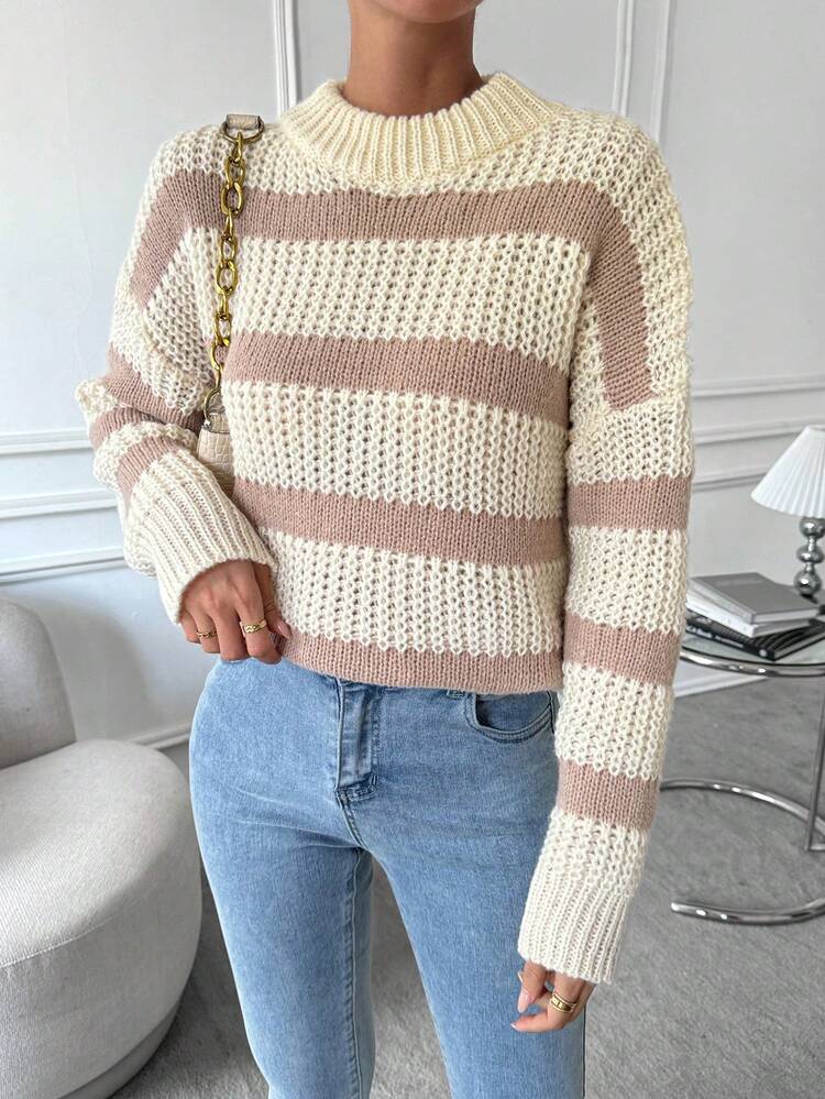 Striped Pattern Drop Shoulder Knit Pullover Fall Winter Sweater
