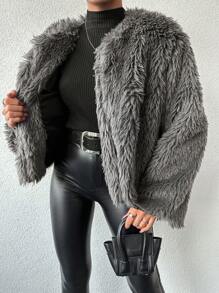 SHEIN Cottnline Open Front Fuzzy Coat - Dark Grey - View 3