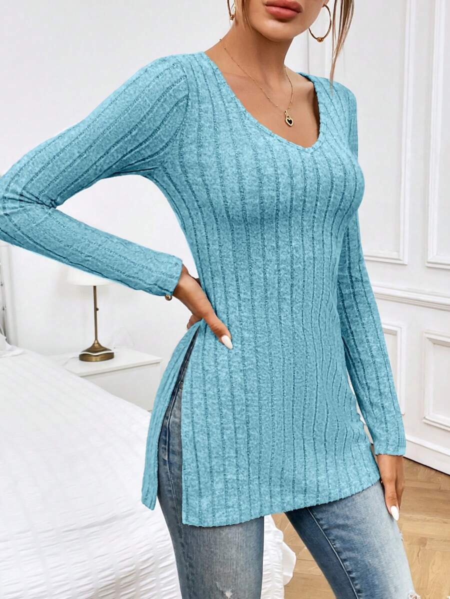 SHEIN Essnce Camiseta bajo con abertura tejido de canalé - Azul menta - Ver 1