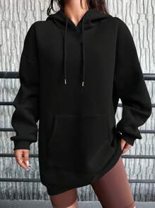 SHEIN Cottnline Ladies Solid Color Fleece Lined Hooded Sweatshirt With Drawstring - Black - View 5