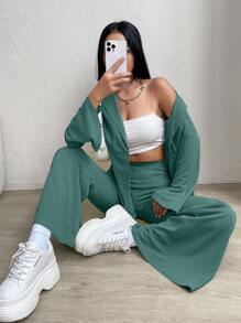 SHEIN EZwear 女性mass色鑲邊領葉套裝外套和喇叭褲套裝 - 薄荷綠 - 查看 5