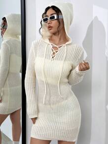 SHEIN Unity Lace Up Front Hooded Sweater Dress Without Tube Top - Apricot - View 4