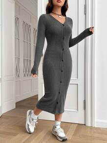 SHEIN EZwear Màu xám Dệt kim Của phụ nữ Tay áo dài Đầm - Xám - Xem 5