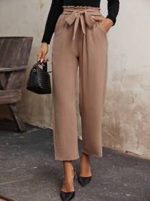 SHEIN Frenchy Paperbag Waist Belted Wide Leg Pants - Khaki - View 5