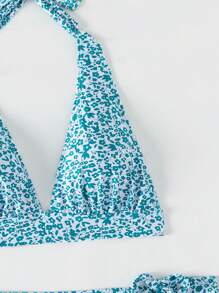 SHEIN Swim 夏季沙灘小花Halter比基尼套裝，搭配沙灘裙 - 藍白色 - 查看 3