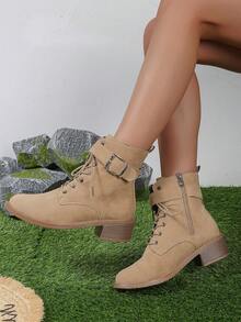 女士麂皮卡其色粗跟韓國風格多用途鞋帶綁腳踝靴和短靴 - 卡其色 - 查看 5