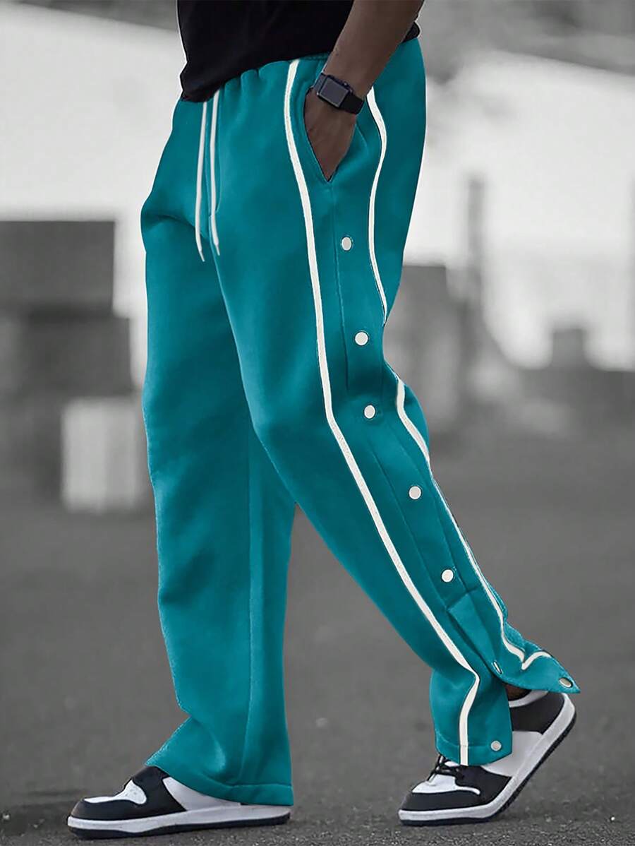 Manfinity Homme 宽松版型男式撞色带设计纽扣侧抽绳腰运动裤 - 藏蓝色 - 查看 1