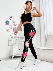 SHEIN EZwear Women's High Waist Knit Long Leggings With Letter And Heart Pattern - Grey - View 6