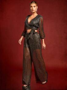 Hauture Glitter Wrap Top & Wide Leg Pants Two Pieces Set