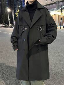 Manfinity Hypemode Men'S Solid Color Buckles Tape Double-Breasted Trench Coat - Black - View 4