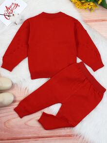女嬰正面紐帶開襟衫和針織褲 - 紅色 - 查看 2
