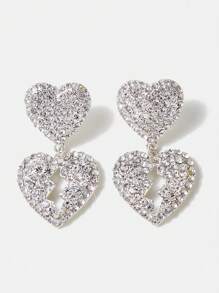 SHEIN ICON 1 par Pendientes dos tonos plata con corazón & con diseño de diamante de imitación - Plateado - Ver 6