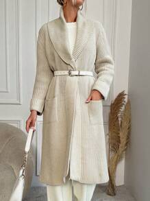 EURMUSE 女款純色開襟針織衫,配有雙口袋(不包括腰帶)