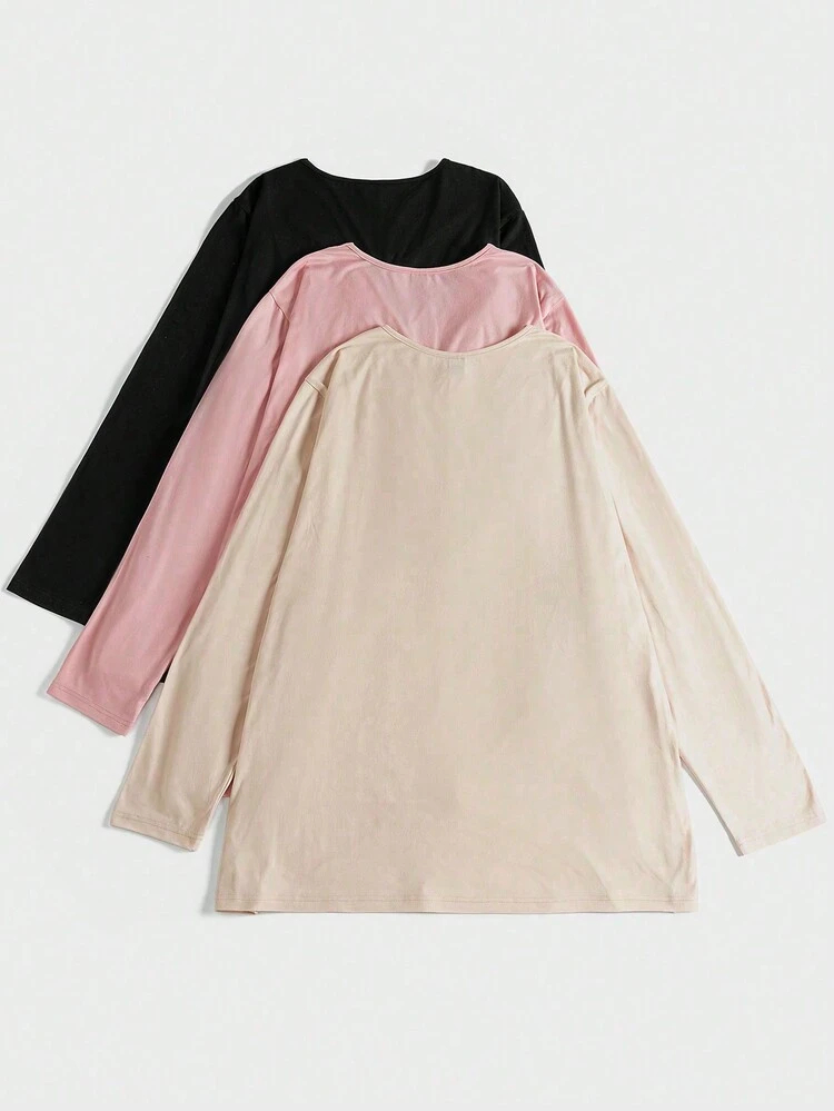 Plus 3pcs Solid Button Detail Tee
