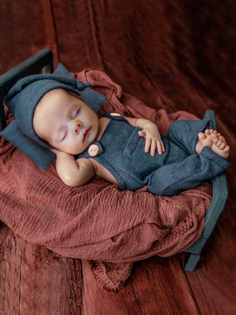 Baby Boy Solid Jumpsuit & Hat & Pillow Photography Set - Blue - View 1