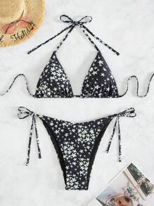 SHEIN Swim Bộ bikini thắt nút in hình ngôi sao ngẫu nhiên có dây buộc hai bên, cho kỳ nghỉ hè ở bãi biển - Nhiều màu - Xem 5