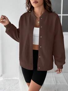 SHEIN EZwear Slogan Graphic Drop Shoulder Zip Up Thermal Lined Jacket - Brown - View 5