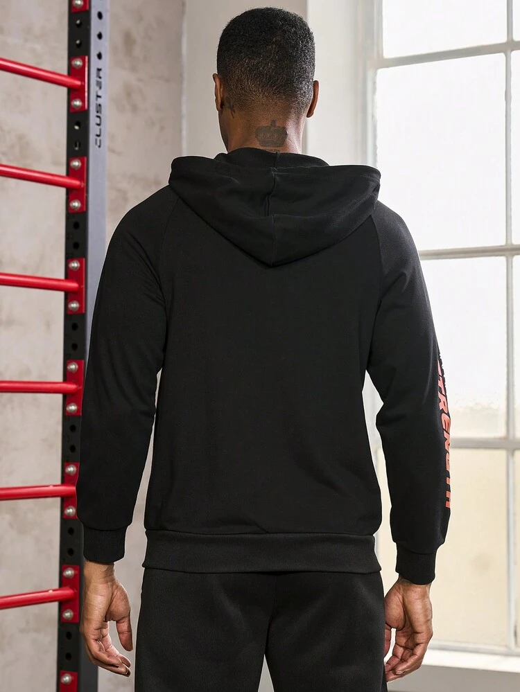 Men Letter Graphic Zip Up Drawstring Hooded Sports Jacket Workout Tops Sports Jacket