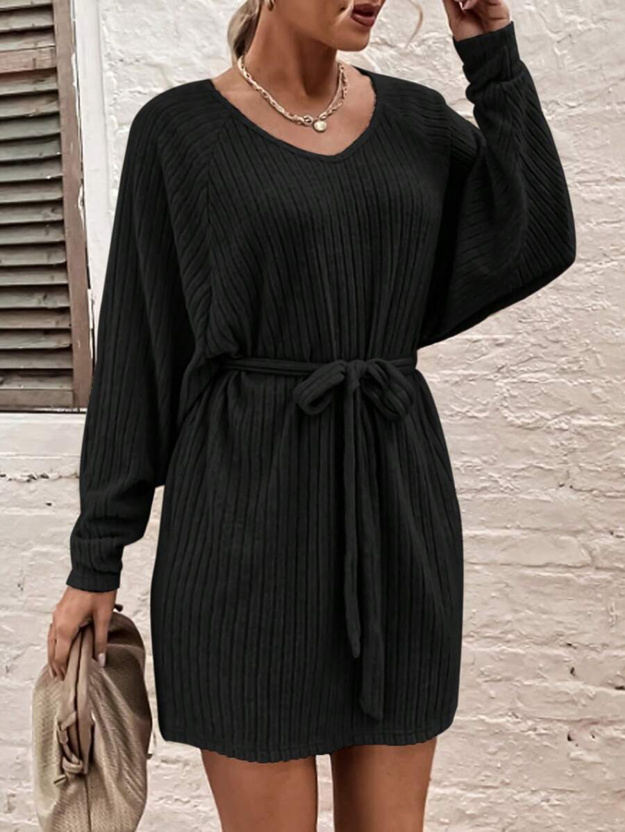 SHEIN LUNE Solid Batwing Sleeve Belted Dress Fall Cloth For Women