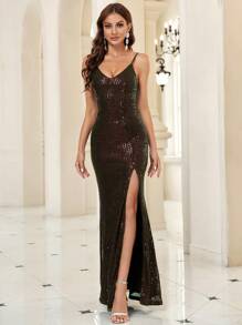 SHEIN Belle Tách đùi Kim sa Hai Dây Ăn mặc trang trọng - màu đen - Xem 6