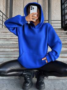 EURMUSE Slogan Graphic Drop Shoulder Hoodie - Blue - View 2