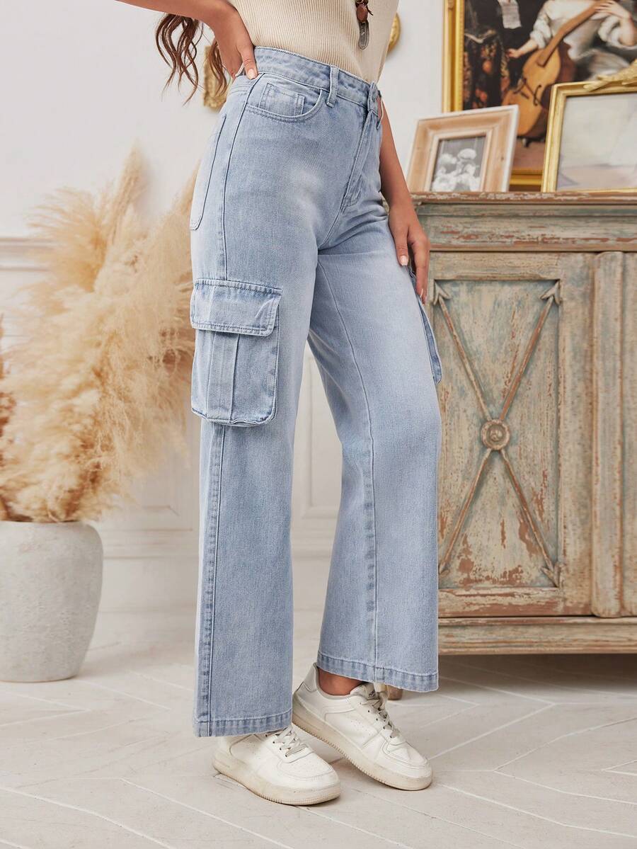 SHEIN LUNE 女性貨物口袋牛仔褲 - 中等水洗藍 - 查看 1