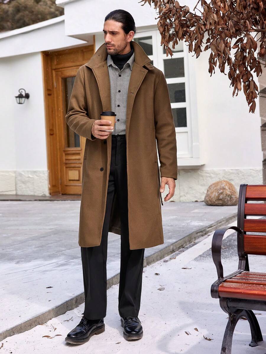 Manfinity Homme Men Lapel Neck Overcoat - Mocha Brown - View 1