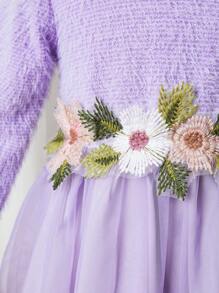Baby Girl Floral Appliques Mesh Overlay Fuzzy Dress