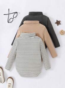 SHEIN Đứa bé trai 3pcs In sọc Áo cao cổ Áo liền quần chặt - Nhiều màu - Xem 2