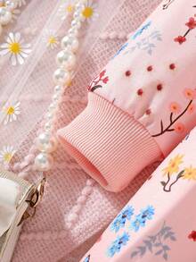 女童華麗花卉印花長袖洋裝,適合秋冬假期派對穿著 - 粉色 - 查看 3