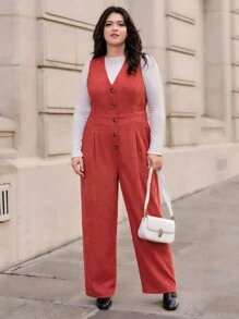 SHEIN Essnce Talla grande Mono con botón delantero de pana sin camiseta - Rojo - Ver 3