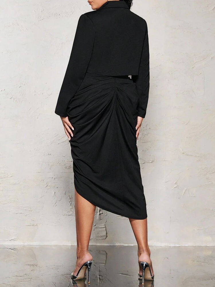 Plus Solid Crop Blazer & Ruched Asymmetrical Hem Skirt