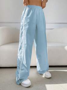 SHEIN EZwear 拼接滾邊彈性腰帶長褲 - 淺藍色 - 查看 3