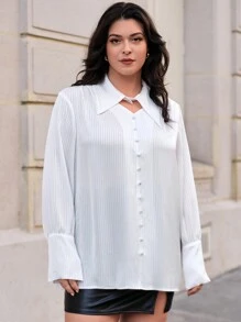 SHEIN Essnce Hơn Chất rắn Nút phía trước Áo sơ mi - trắng - Xem 3