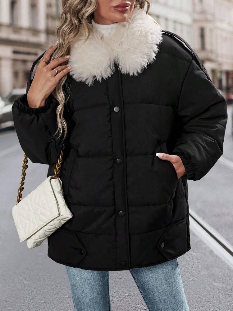 Borg Collar Drop Shoulder Slant Pockets Padded Padded Coat Clothes Winter Fall Cloth For Women