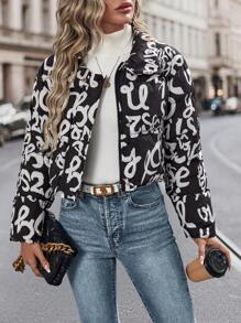 SHEIN LUNE 字母图案拉链短款加厚棉服外套冬季服装 - 黑與白 - 查看 6